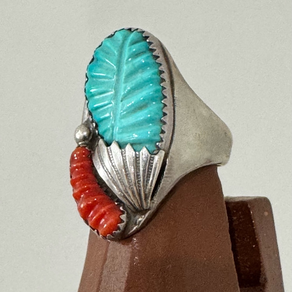 Turquoise and Red Leaf Design Zuni Silver Ring